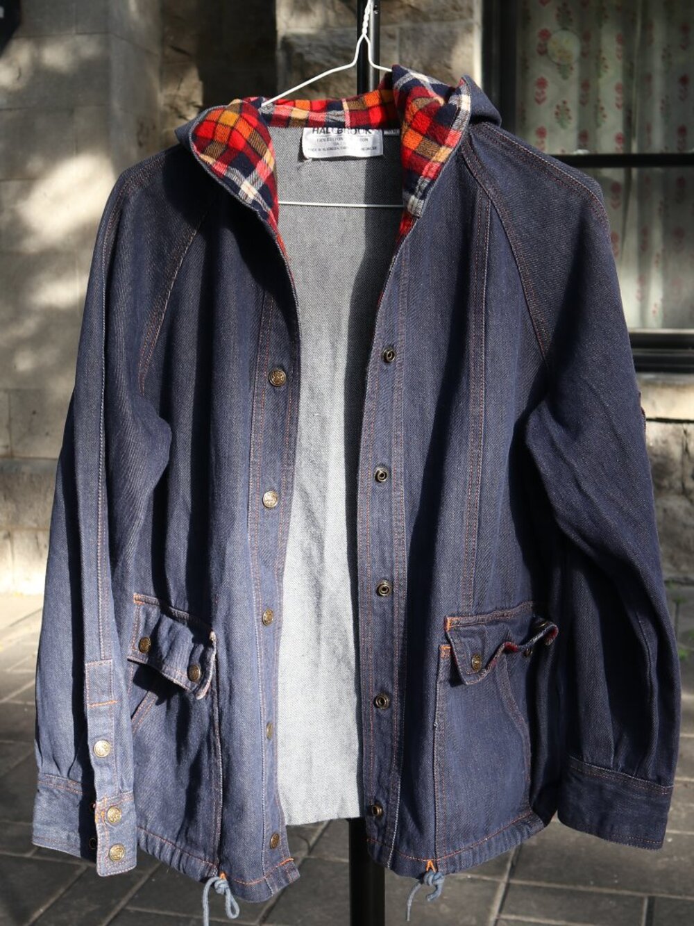 Navy Denim Hooded Jacket with Red Plaid Lining